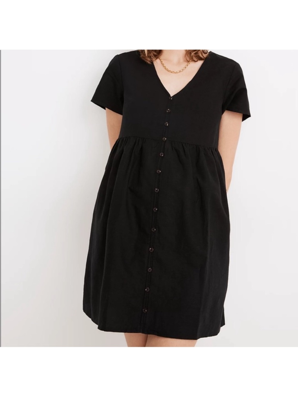 Madewell Black Linen-Blend Button-Front Mini Dress Pockets Alexandra XS